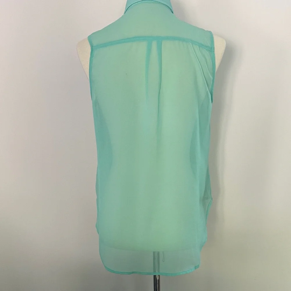Cotton Candy Sleeveless Sheer Button-Front Blouse in Aqua Green - Picture 3 of 6